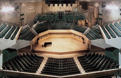 Top tier view looking down at the auditorium stage