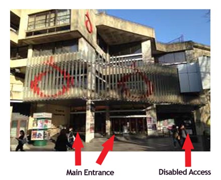 Exterior of St David's Hall displaying Main Entrance to the left and middle of the building and the Disabled Access situated on the right side of the building